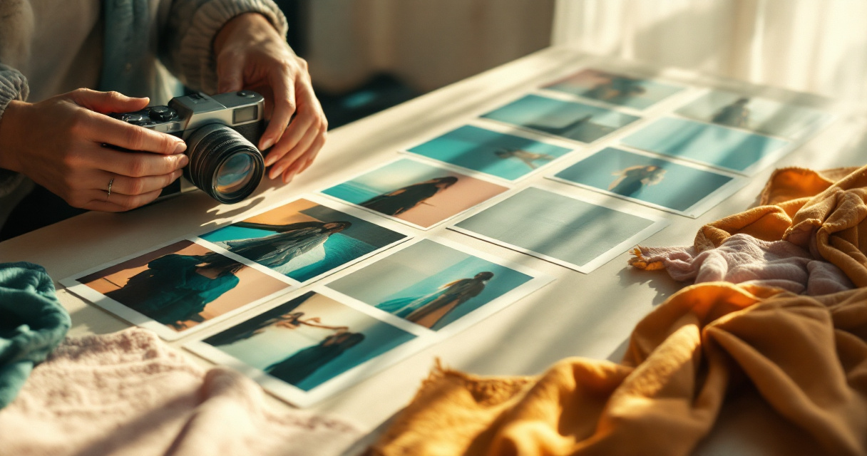 Hands choosing clear reference photos for better AI image results