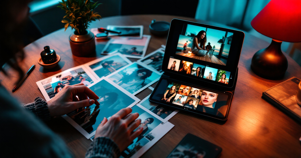 Hands selecting varied personal photos for realistic AI portrait training results