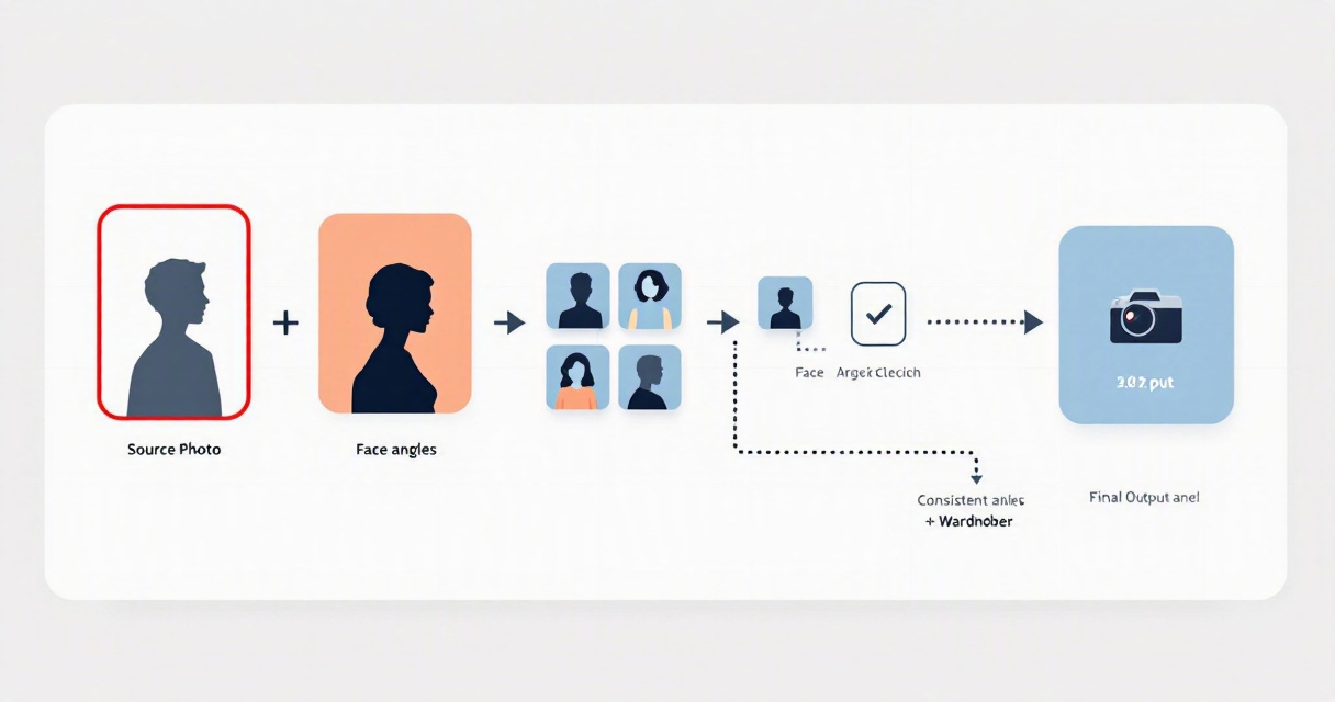 Infographic showing the workflow for making AI photos look realistic, from source image quality and facial consistency to lighting, camera choices, light editing, and a realistic final portrait.