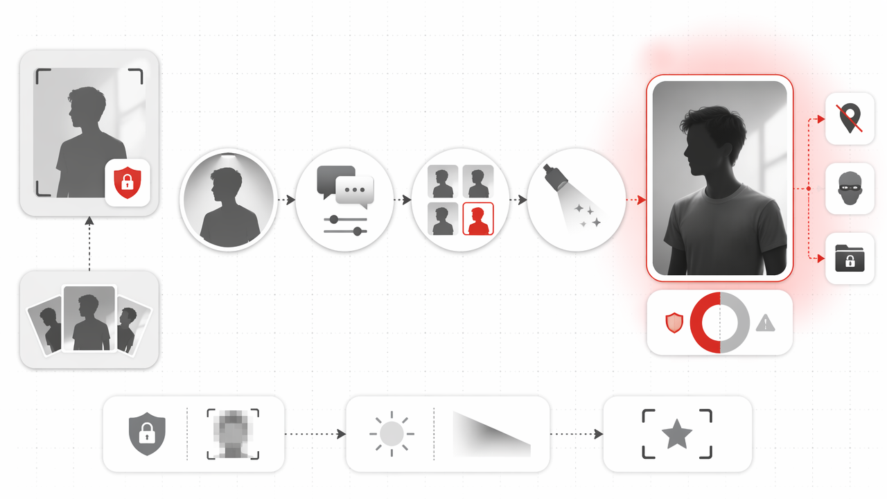 Infographic showing a step-by-step workflow for creating realistic AI hot photos safely, from real reference images to believable style, variations, realism, and privacy.