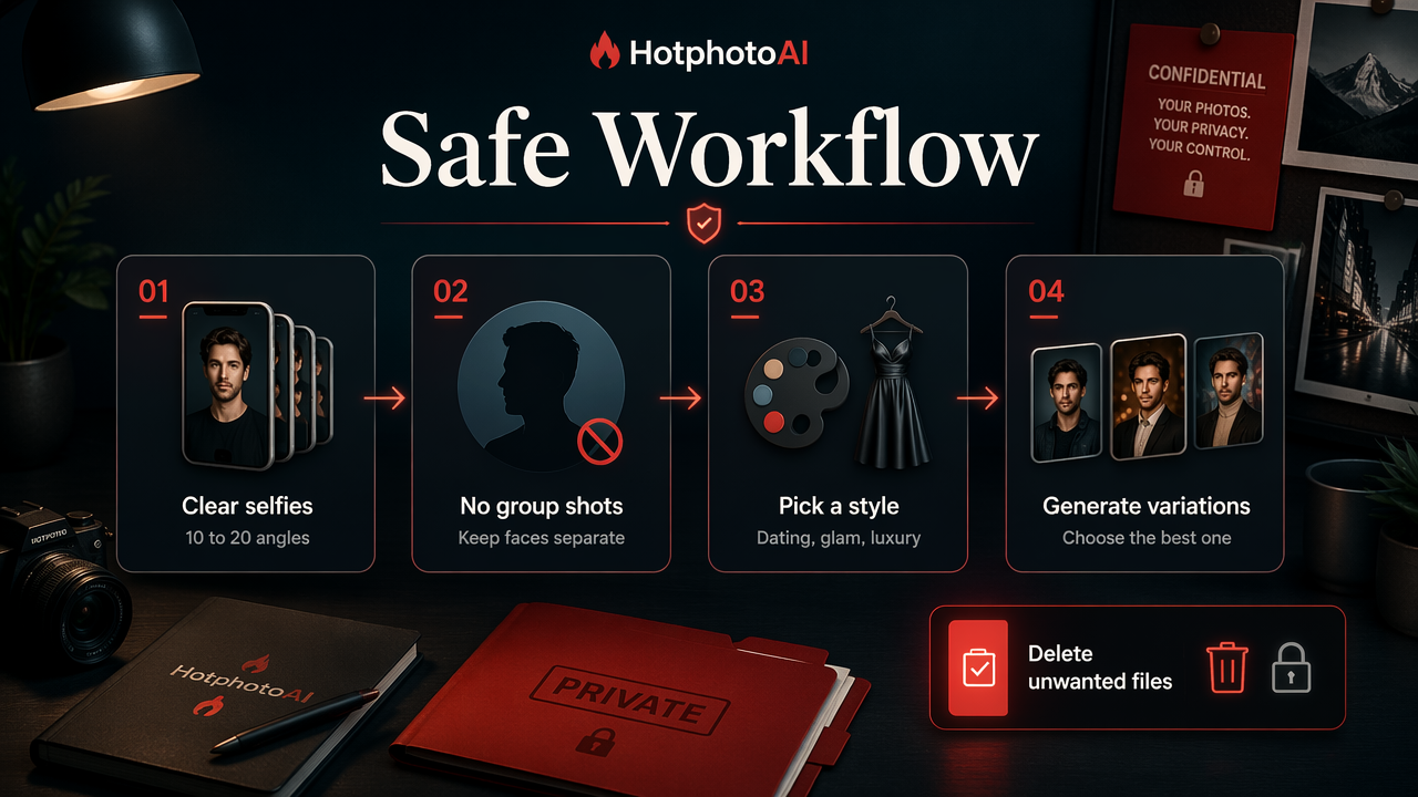 Infographic showing a safe AI hot photo workflow with reference photos, style choice, variations, and deletion.