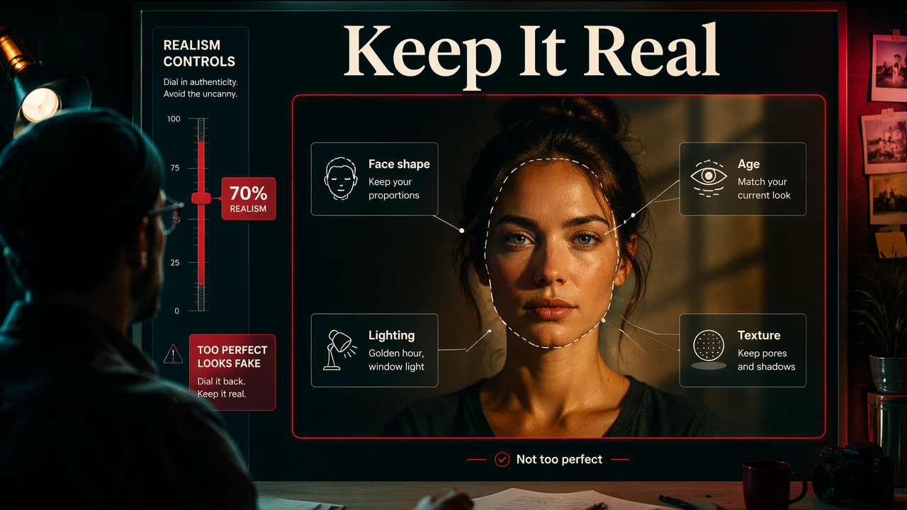 Annotated realism diagram for AI photos showing facial proportions, age, lighting, and natural texture.