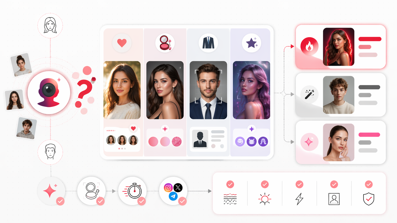 An infographic showing Lensa alternatives for AI selfies, comparing realistic, glam, dating, profile, and fantasy photo app options.