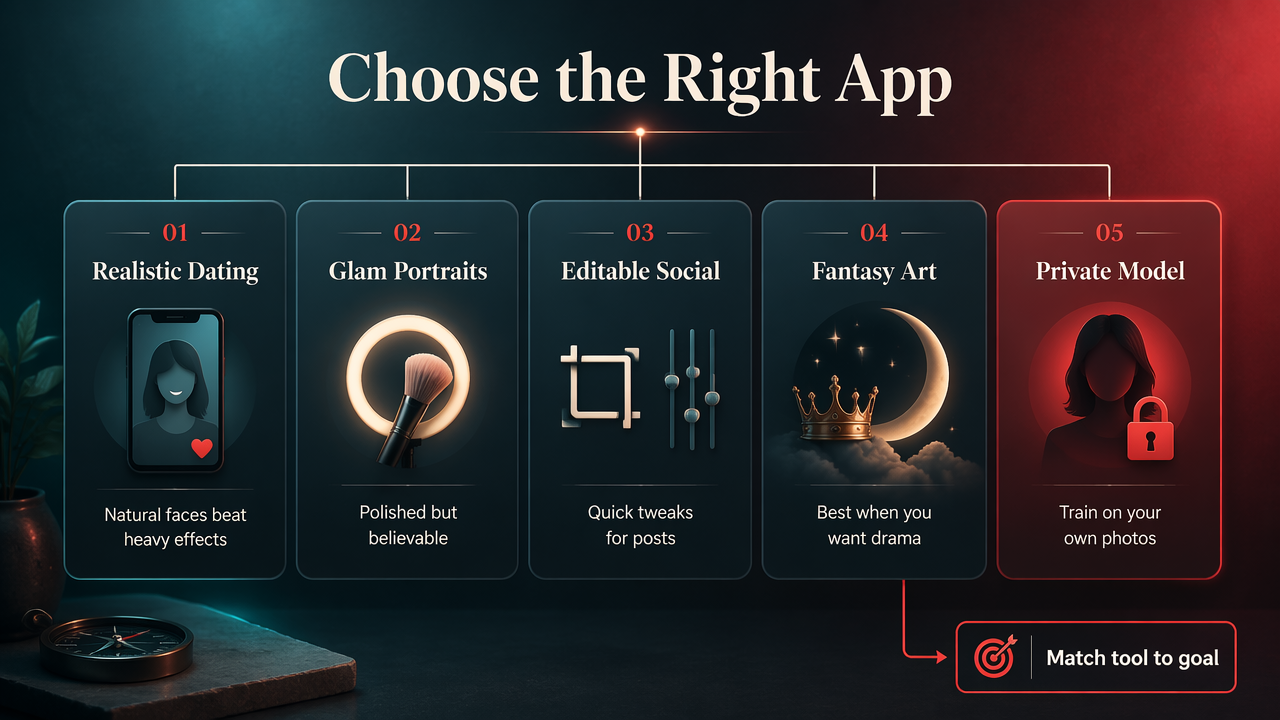 Comparison infographic of Lensa alternatives for realistic selfies, glam portraits, and private model training.