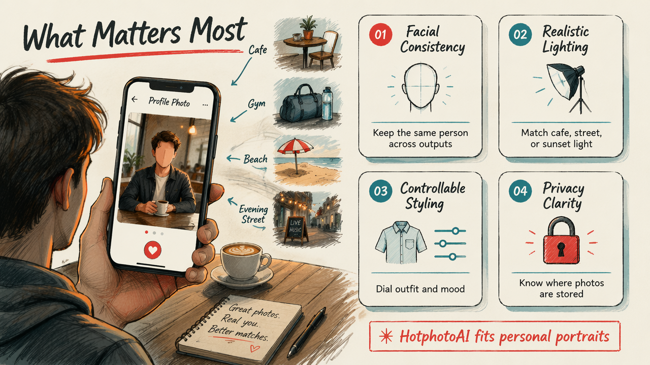 Annotated diagram of key AI selfie features for dating, glam, and profile photos.