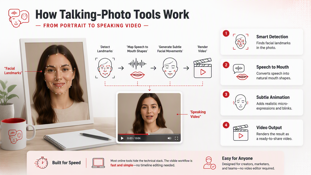 Illustration for How do talking-photo tools turn one portrait into video?