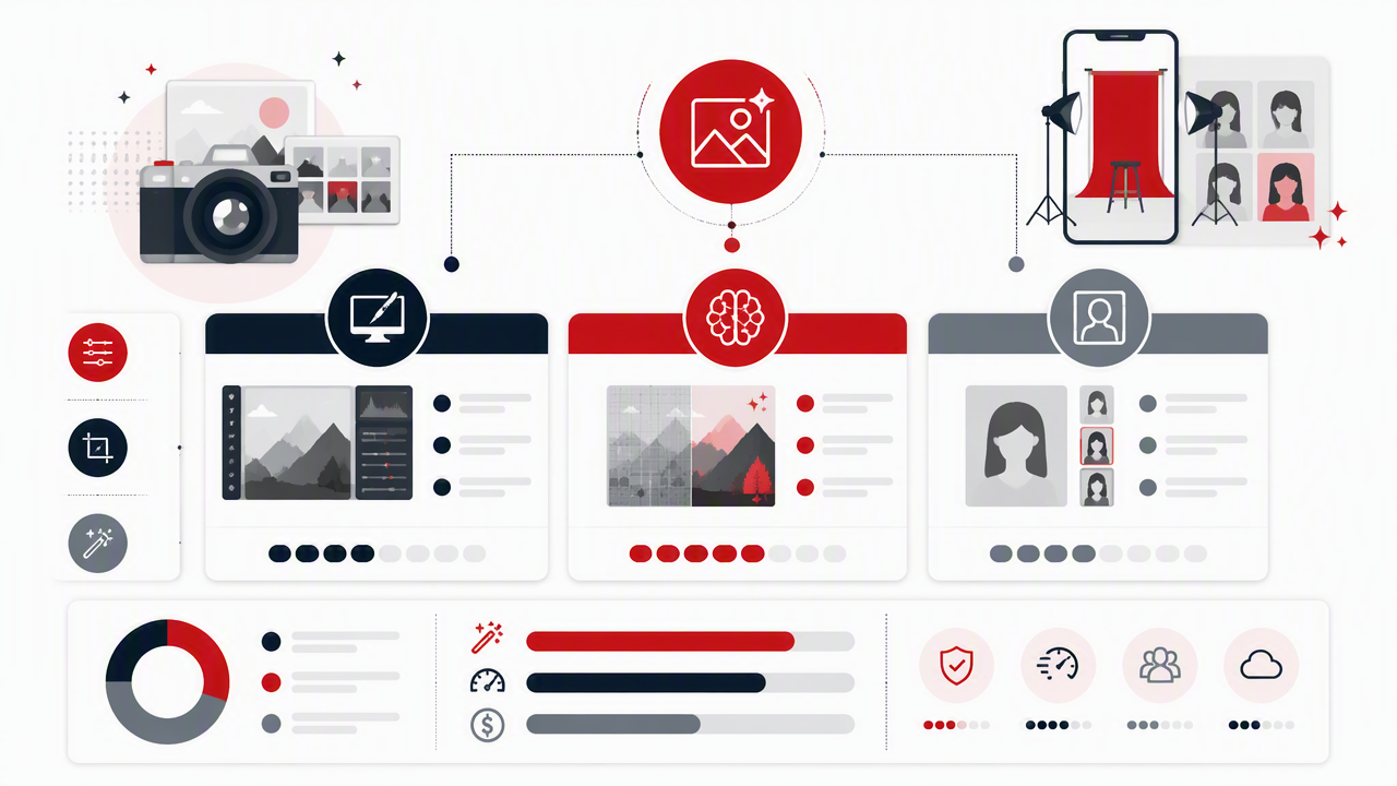 Infographic summarizing key insights about Photo Editing Programs in 2026: Traditional Editors, AI Tools, and AI Photoshoot Apps Compared