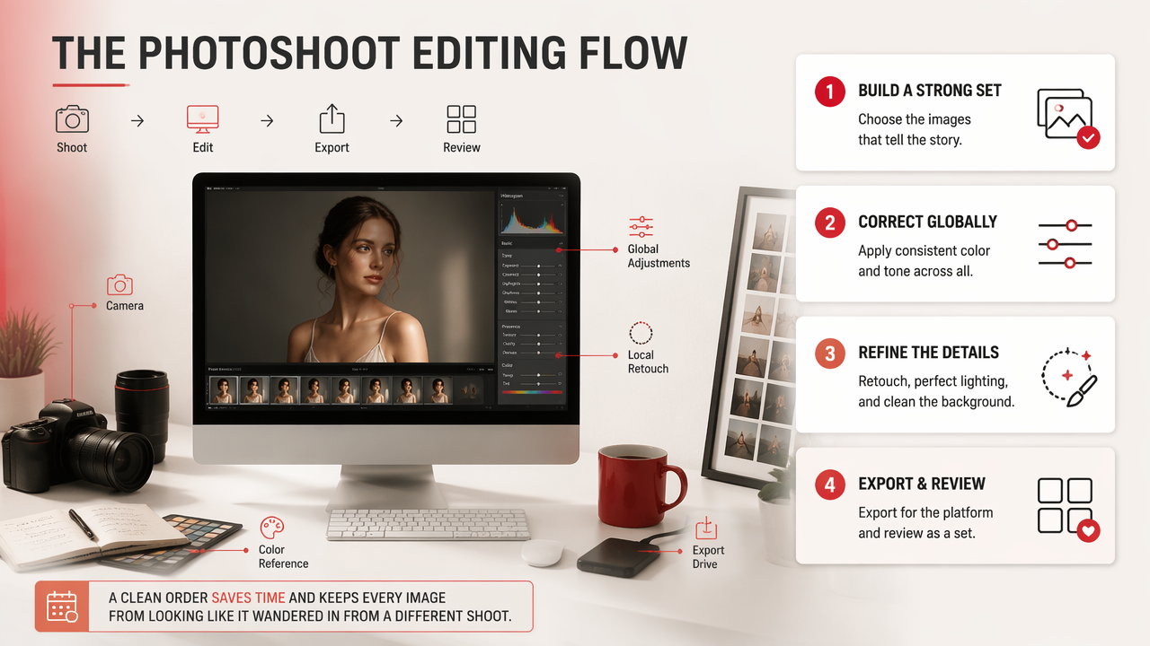 Illustration for How do you edit a photoshoot from raw selects to polished finals?