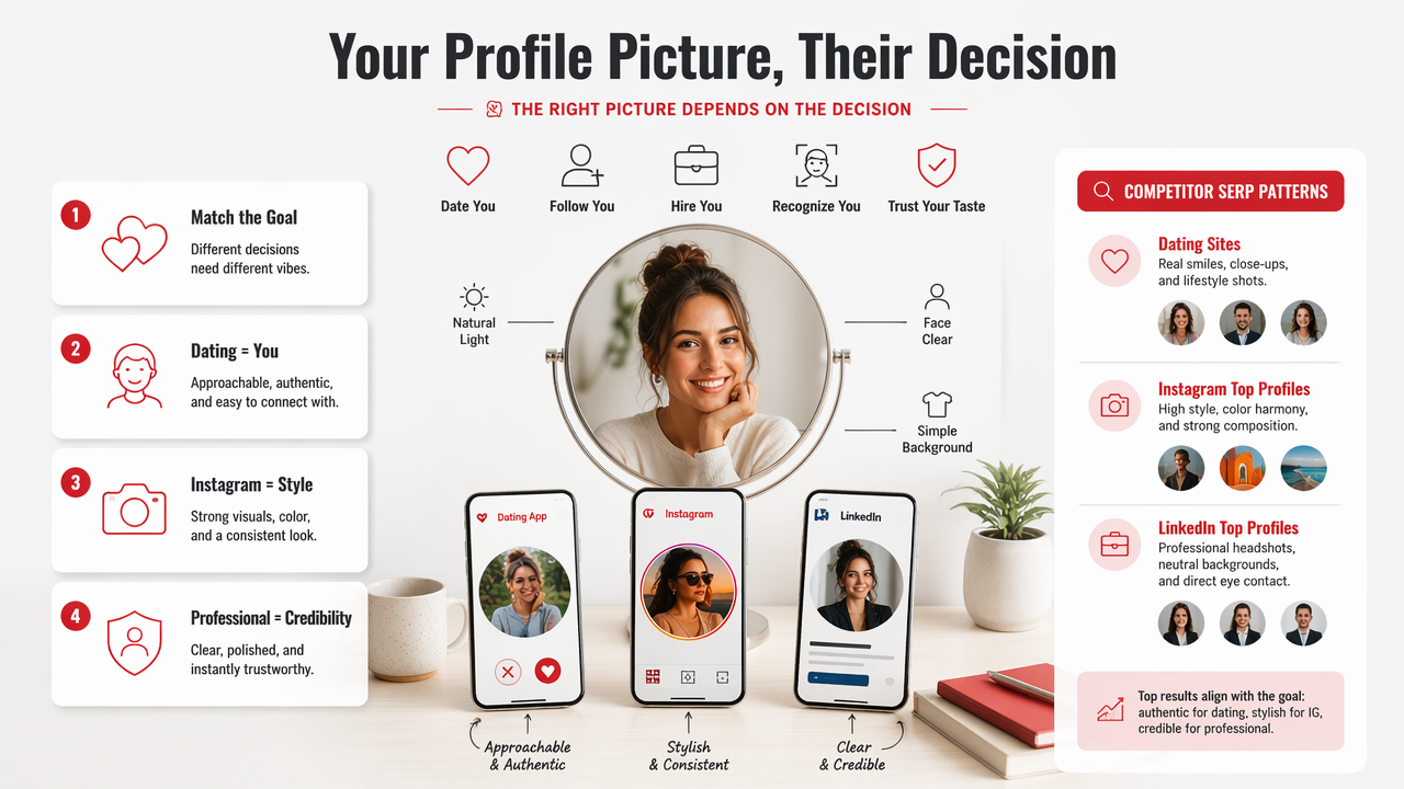 Illustration for Profile pic ideas by goal: dating, Instagram, creator, and work