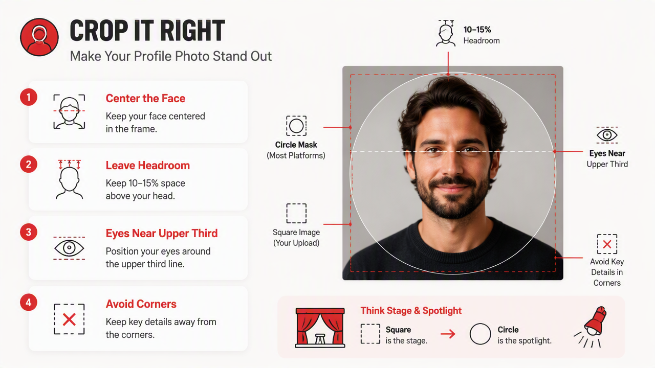 Illustration for How should you crop a profile photo for circles and thumbnails?