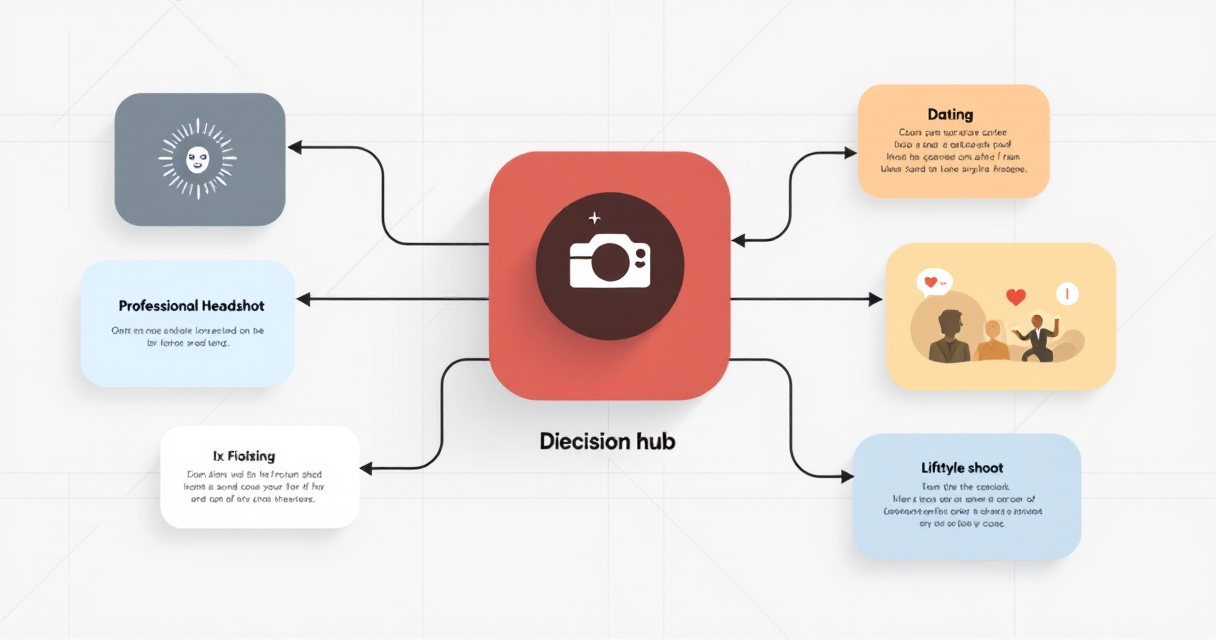 Infographic showing AI photo tool alternatives organized by avatar, headshot, dating, lifestyle, and glamour use cases.