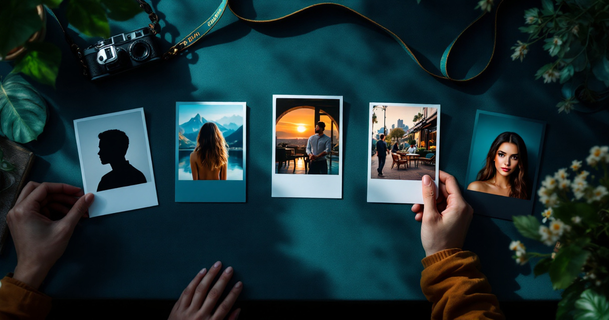 AI photo output types arranged as cinematic portrait cards in a studio