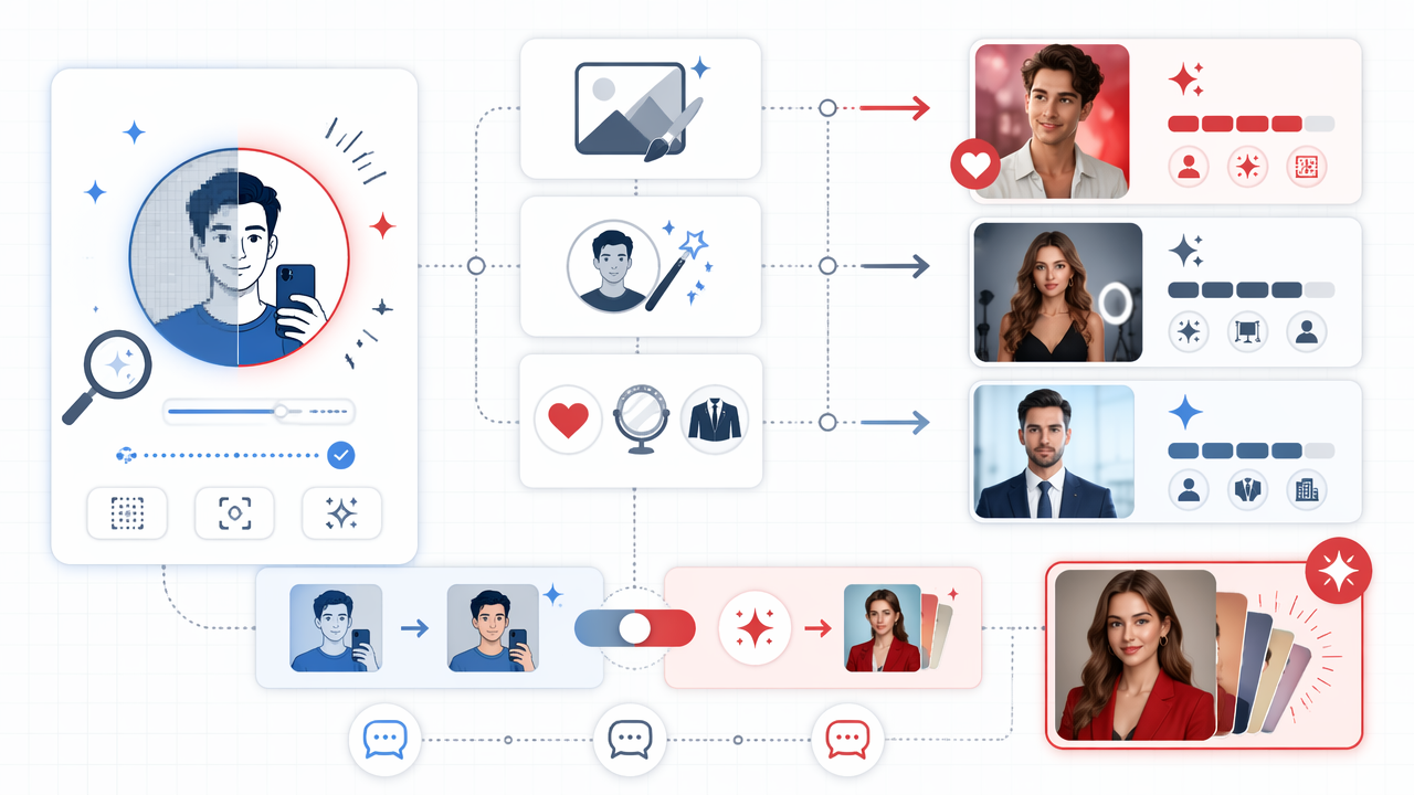 Infographic comparing Remini alternatives for AI profile photos, showing enhancement versus generation and the best choices for dating, glamour, and professional profile pictures.