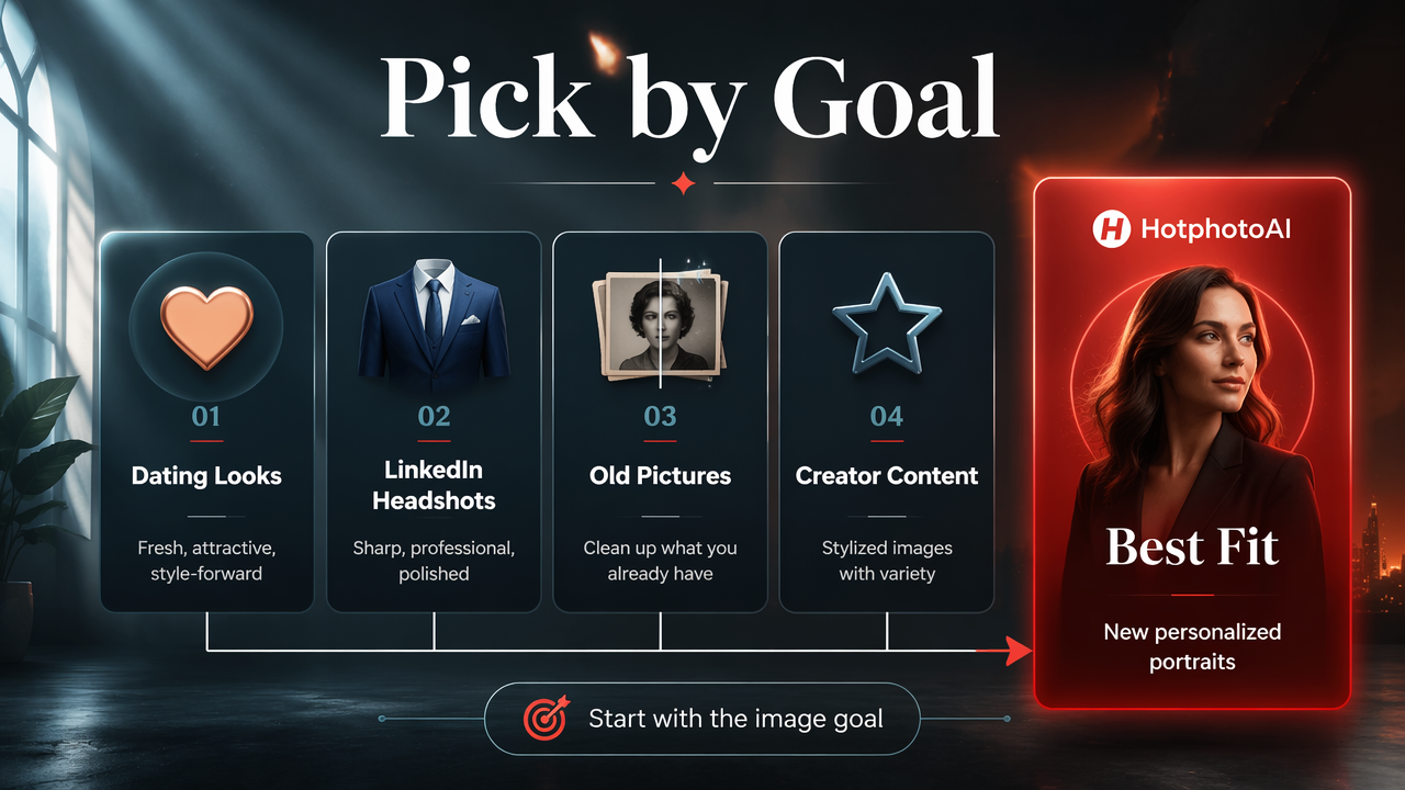 Infographic comparing AI profile photo tools by photo goal and use case.