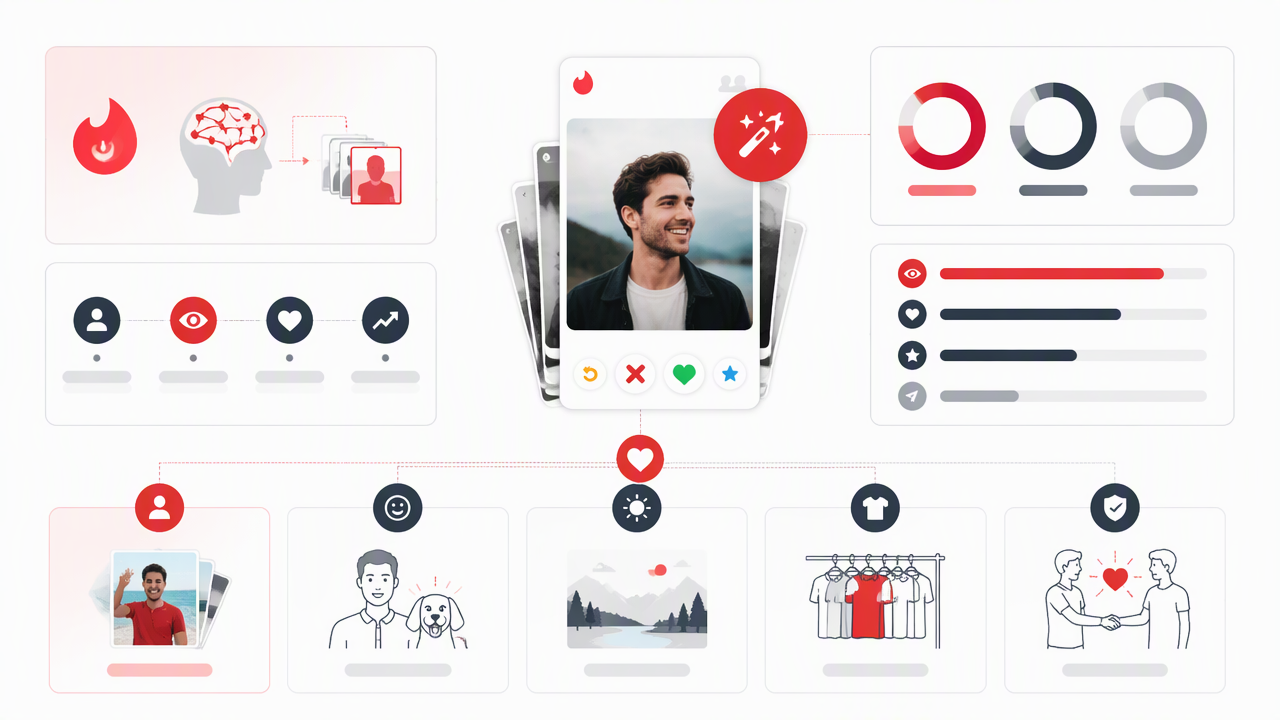 Infographic summarizing key insights about Tinder Smart Photos: How It Works and How to Beat the Algorithm Politely