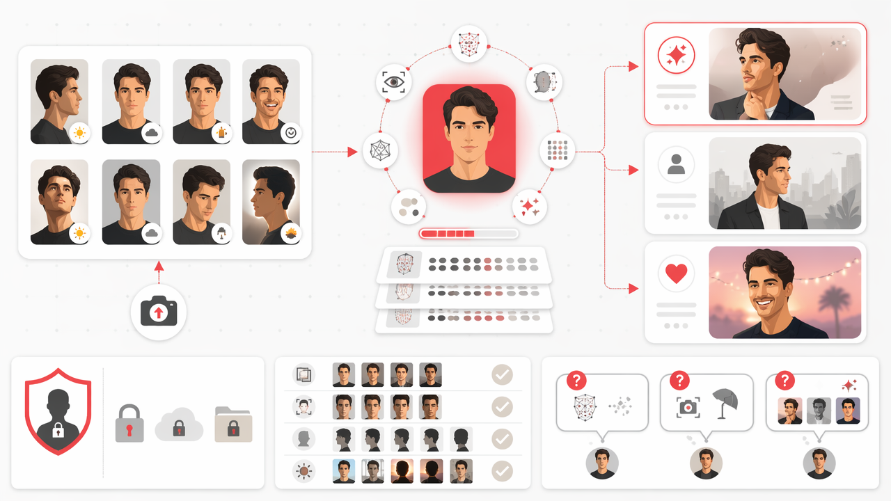 Infographic showing a face photo upload set feeding into an AI face model, which then generates glamour, lifestyle, and dating-style portraits, with a privacy shield and FAQ icons.