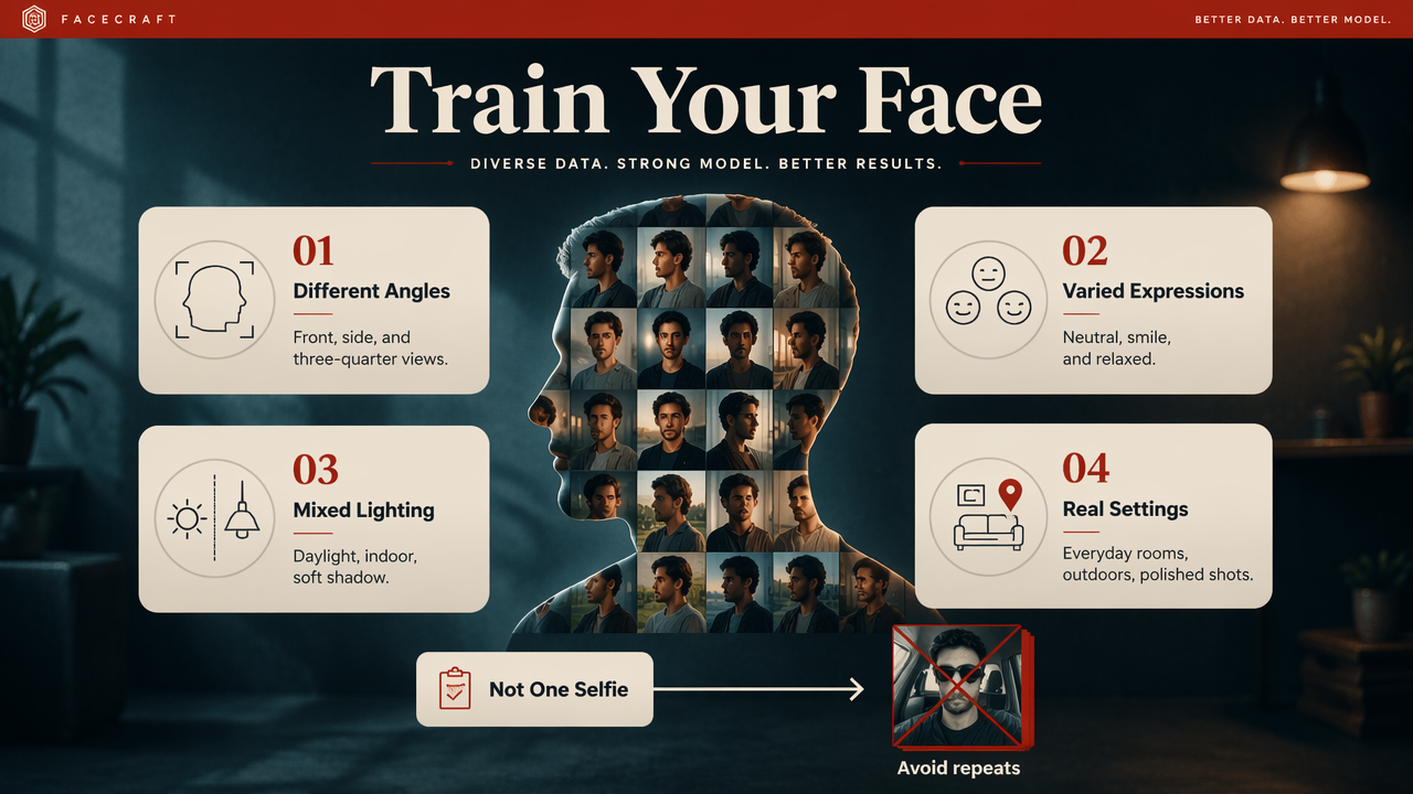 Infographic showing varied photos needed to train a personal AI face model.