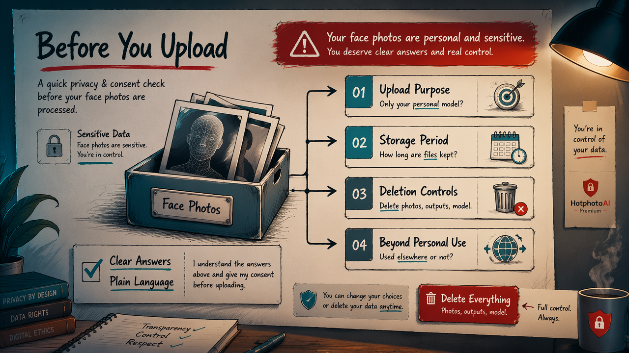 Annotated privacy diagram explaining storage, deletion, consent, and use of face photos.