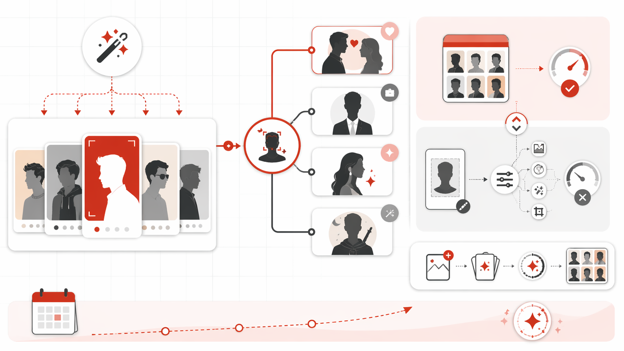 Infographic showing AI photo packs as preset portrait bundles, with examples like dating, headshots, glamour, and fantasy styles, plus a comparison to custom prompts and a simple workflow diagram.