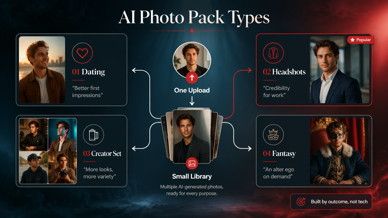 Infographic showing four kinds of AI photo packs organized by outcome and use case.
