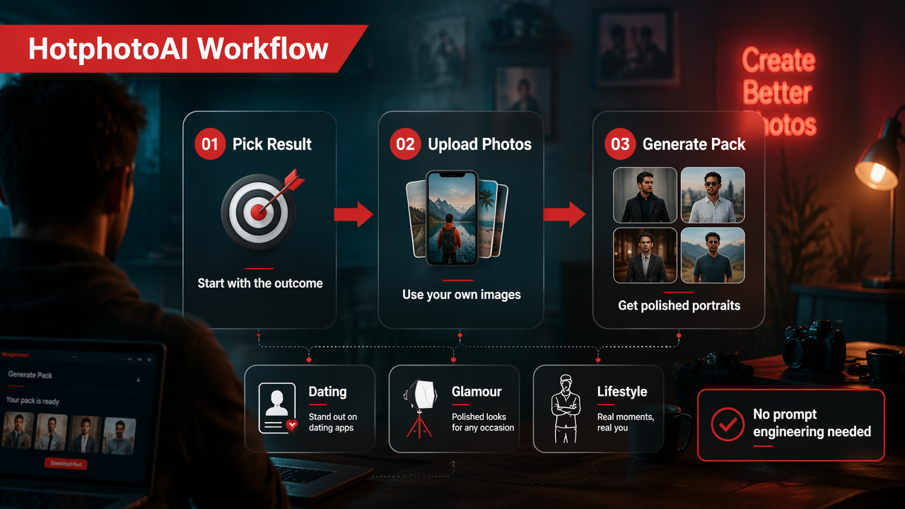 Annotated workflow diagram showing HotphotoAI turning uploads into goal-based portrait packs.