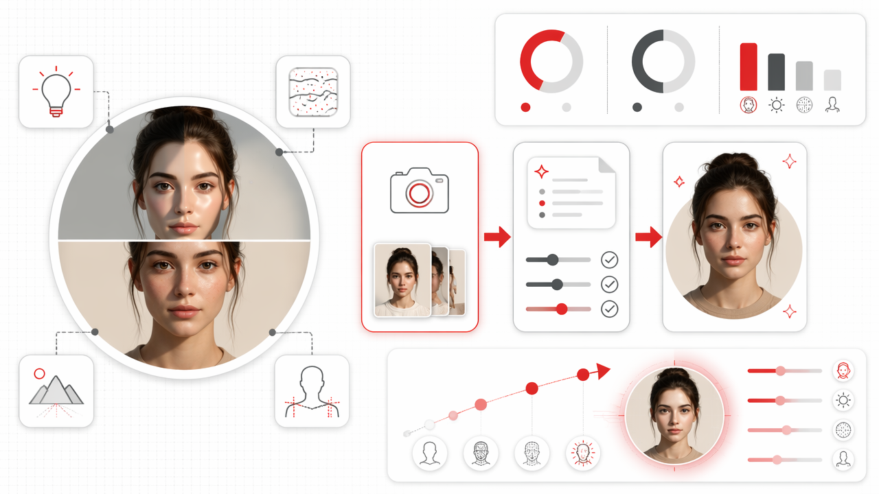 Infographic showing why AI portraits look fake, common mismatch causes, and a visual path to more realistic results.