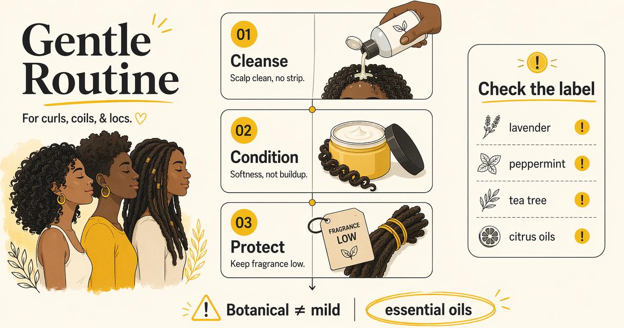 Annotated routine diagram for gentle curl, coil, and loc care with fragrance warnings.
