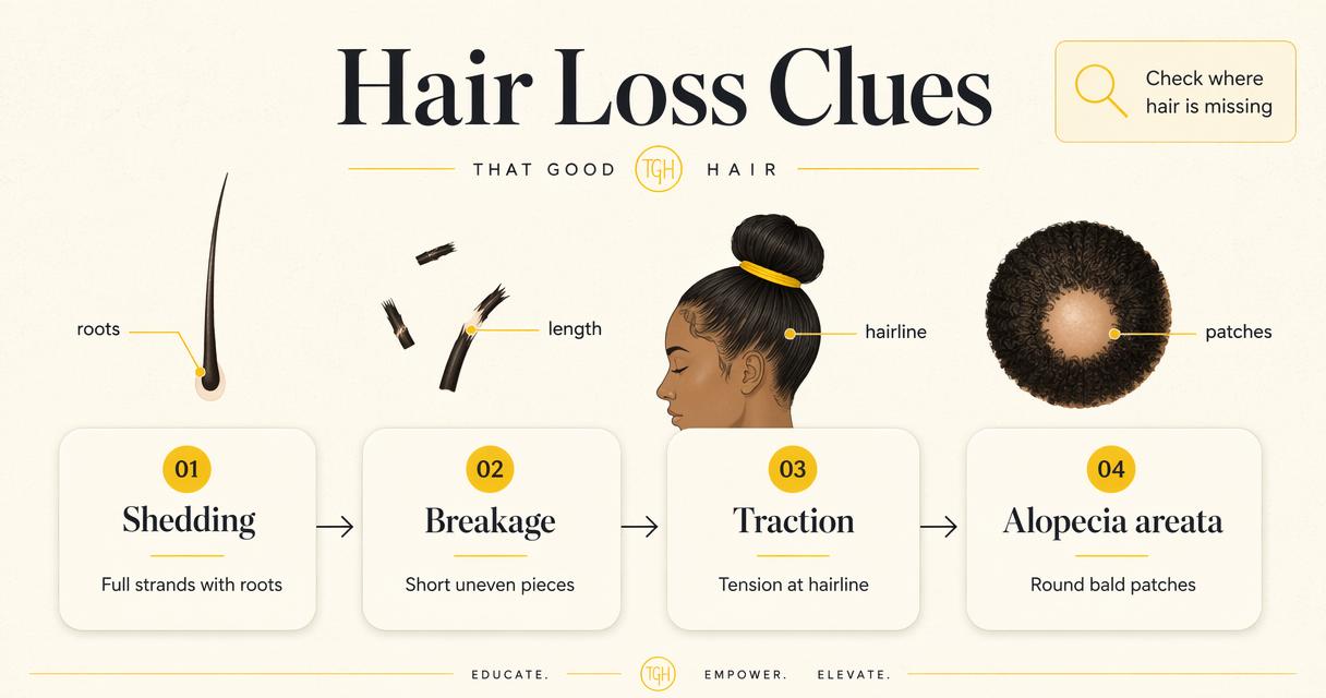 Infographic comparing shedding, breakage, traction alopecia, and alopecia areata patterns.