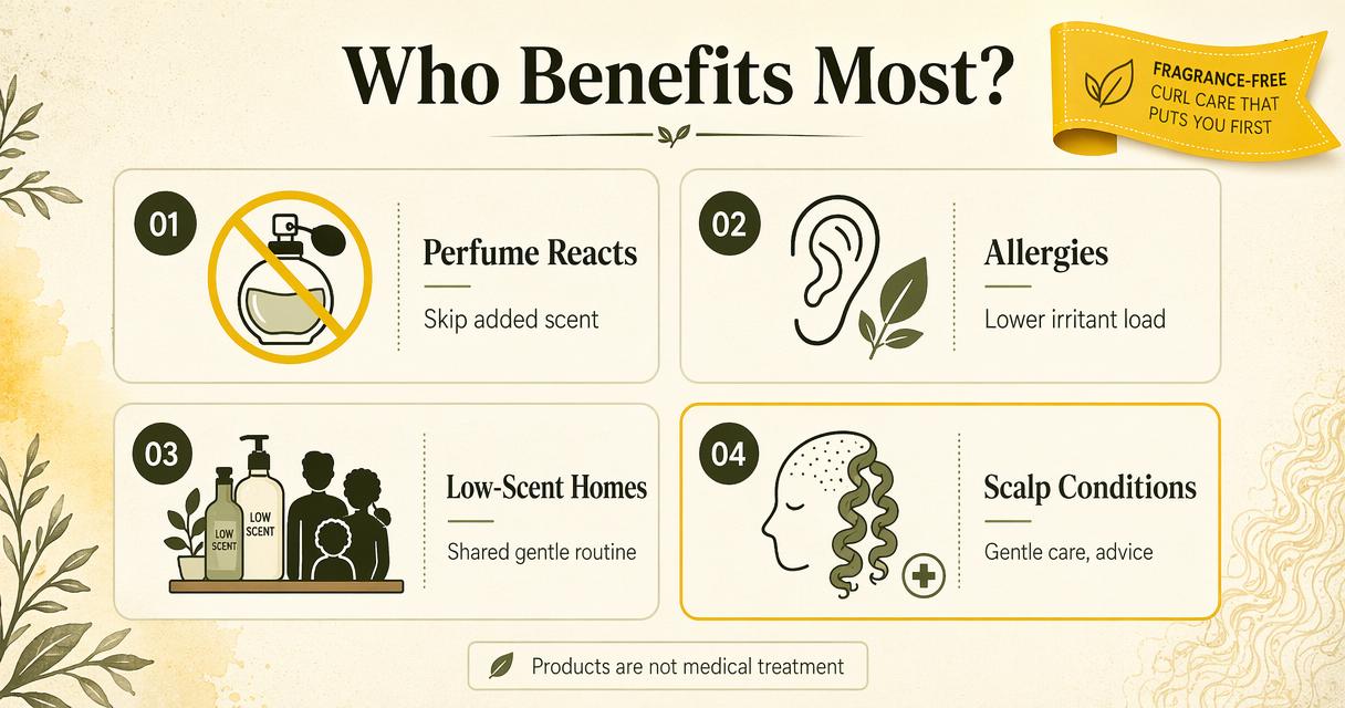 Infographic explaining who benefits from fragrance-free curly hair care and low-scent routines.