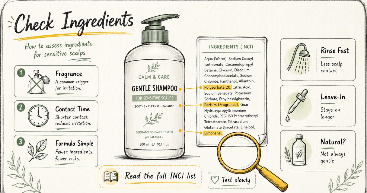 Annotated ingredient guide showing fragrance exposure, contact time, and simple formulas for sensitive scalps.