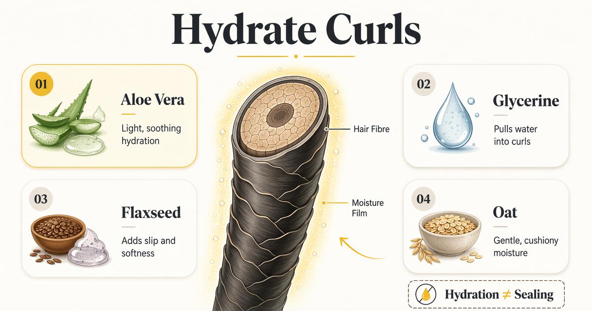 Infographic of humectants like aloe, glycerine, flaxseed and oat hydrating curly hair.