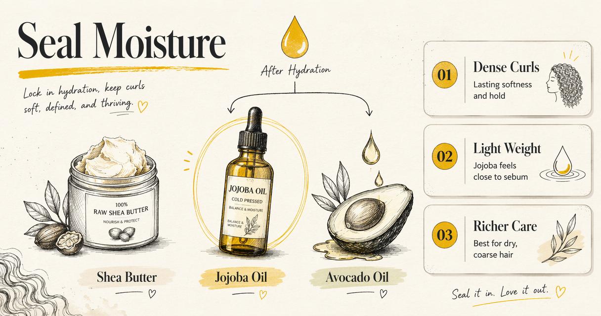 Annotated diagram showing shea butter, jojoba oil and avocado oil sealing moisture in curls.