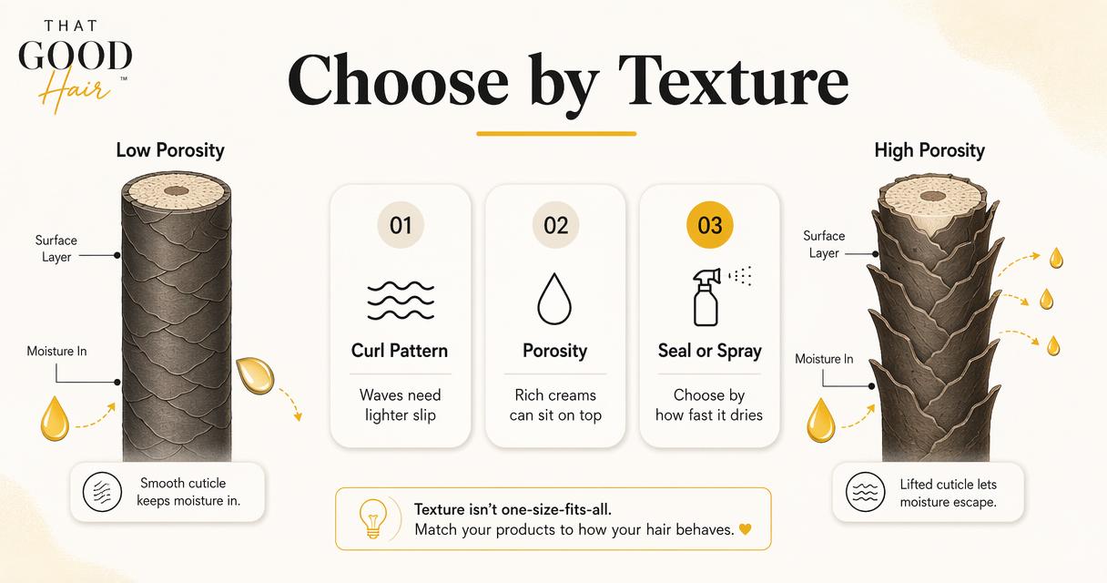 Infographic comparing curl porosity and texture choices for leave-in conditioner.