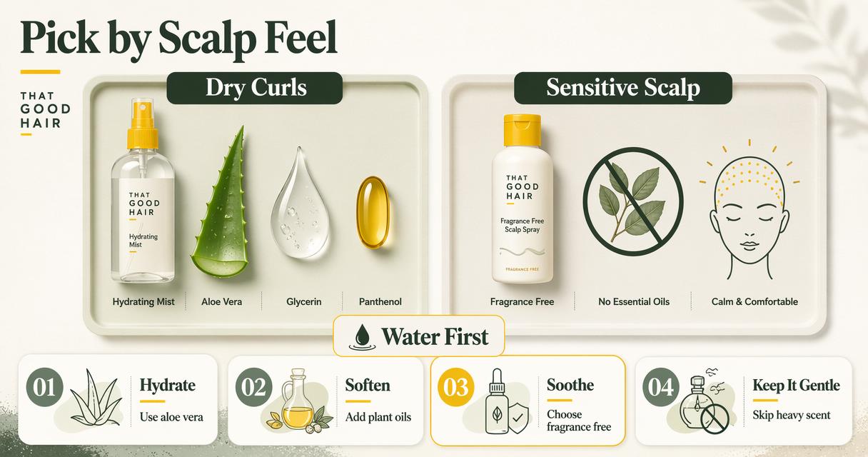 Annotated ingredient guide for dry curls and sensitive scalp-friendly leave-in conditioner.
