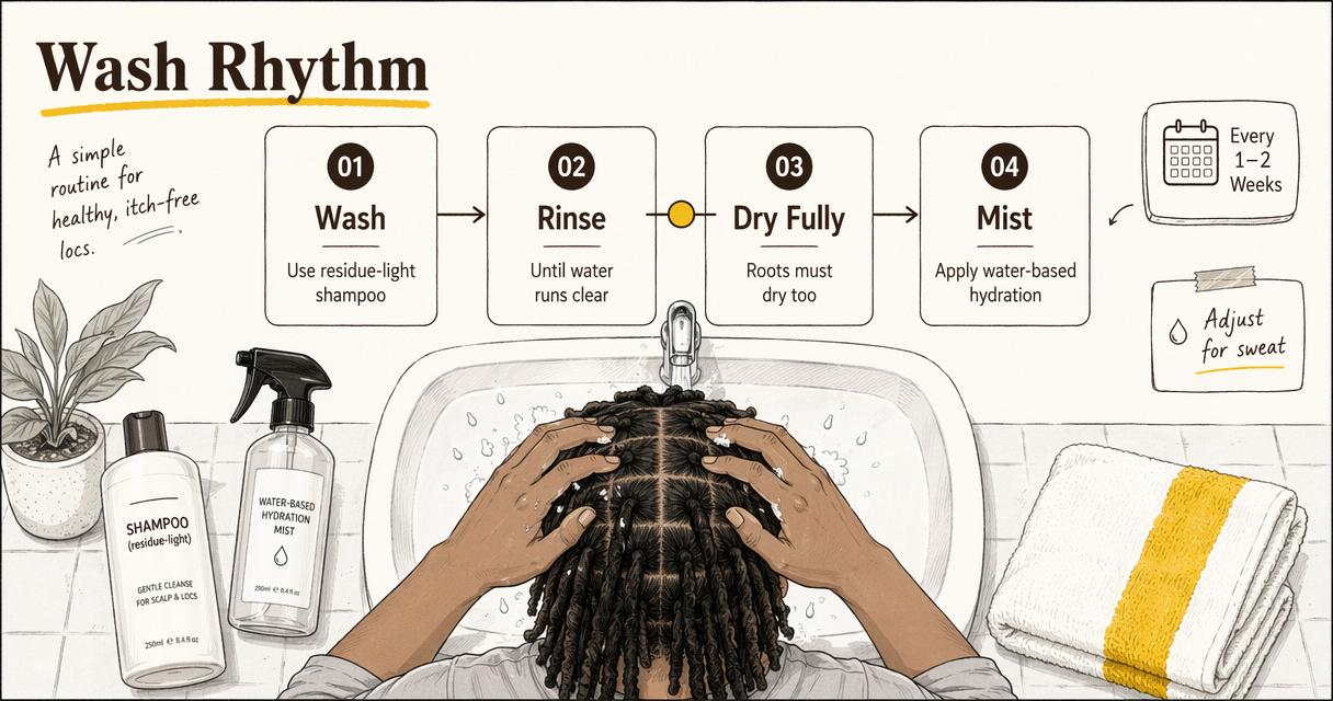 Annotated washing routine showing how often to cleanse itchy locs and dry the roots