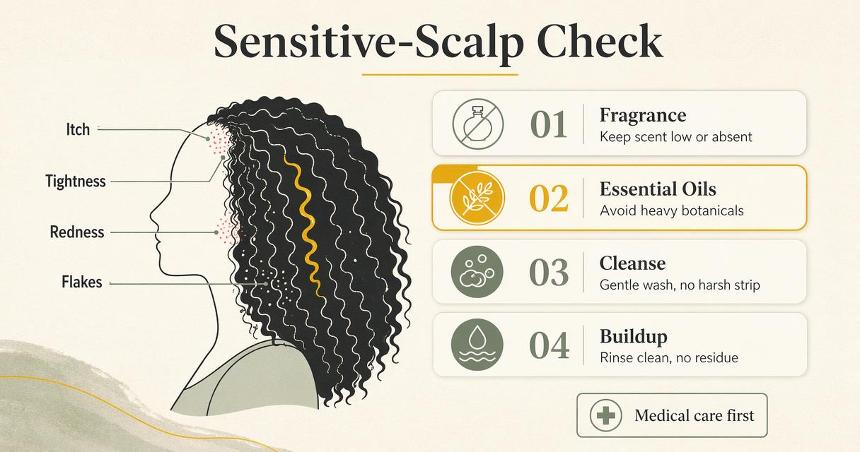 Infographic showing sensitive-scalp checks for curl products and common irritant concerns.