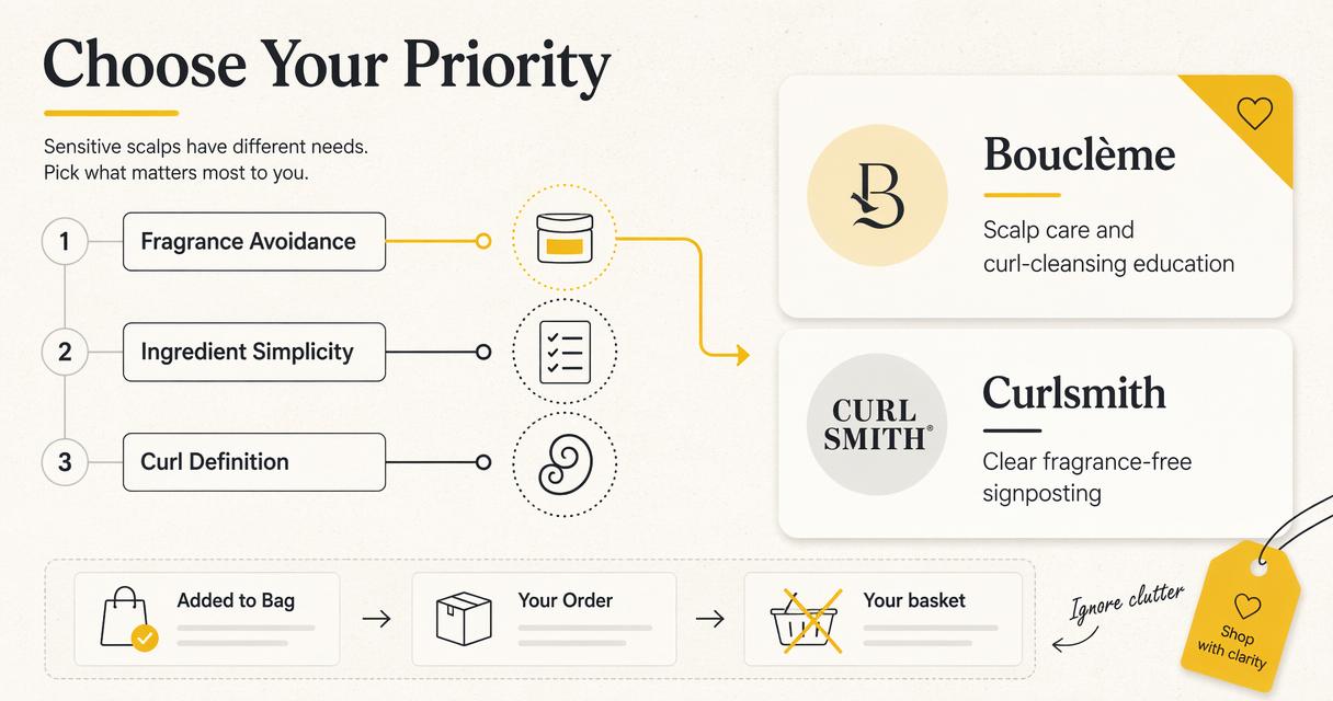 Comparison infographic for choosing Bouclème alternatives by fragrance, curl definition, and shopping priorities.