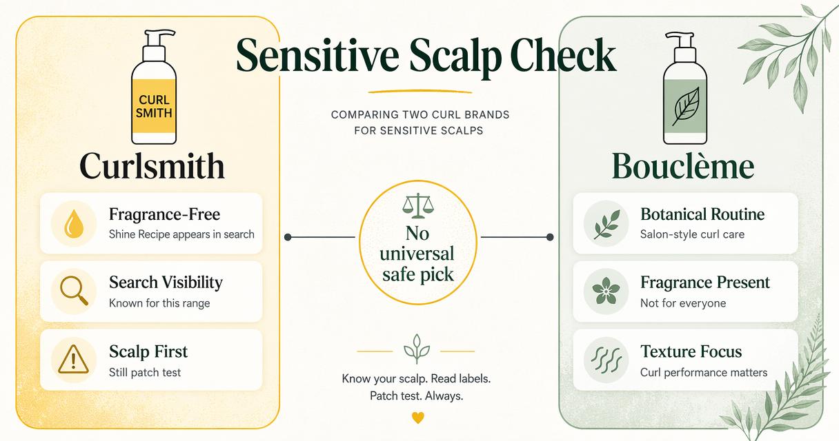 Side-by-side comparison of Curlsmith and Bouclème for sensitive scalps, highlighting fragrance-free and botanical routine differences.