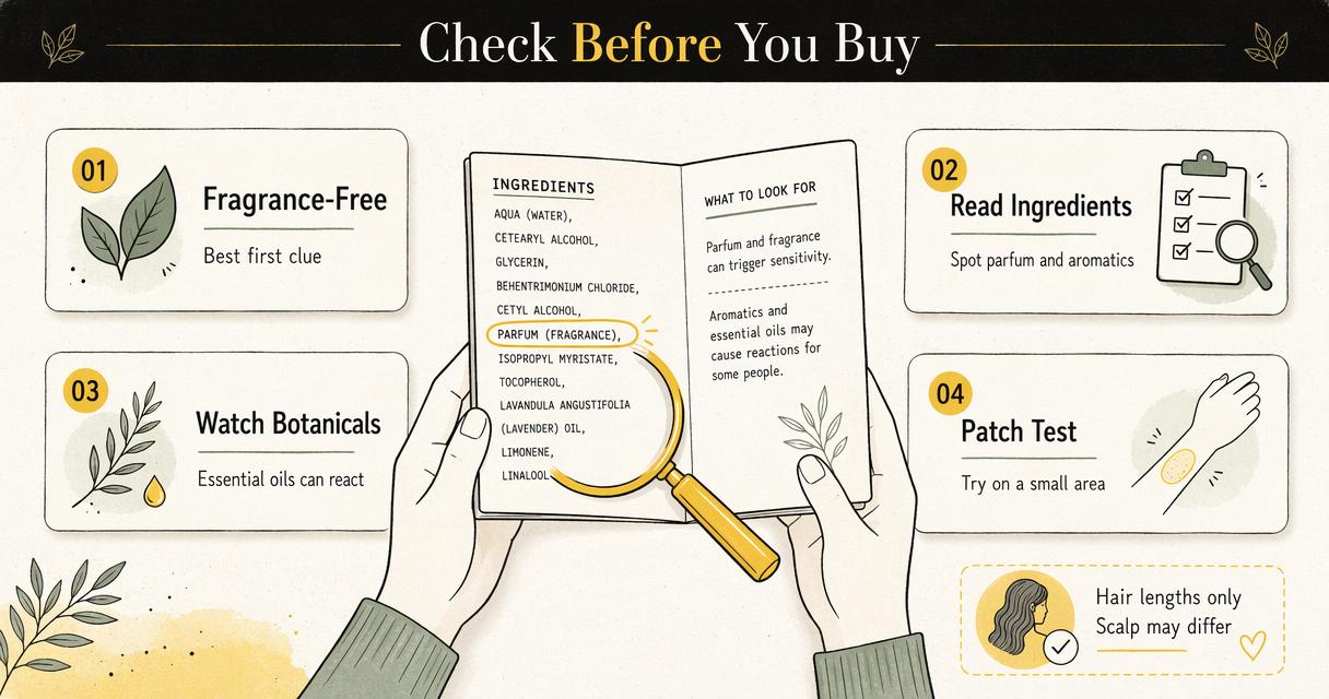 Ingredient-check infographic for fragrance-sensitive shoppers, showing fragrance-free labels, parfum checks, and patch testing.