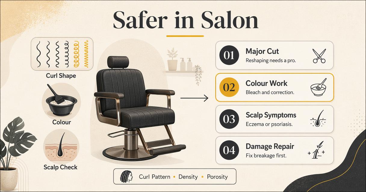 Editorial infographic showing when salon care is safer for curly hair.
