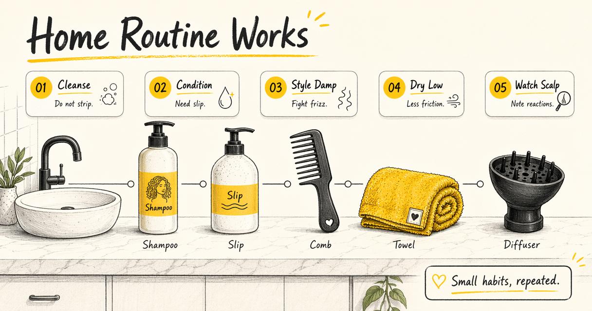 Annotated home curly hair routine infographic with cleansing, conditioning, styling, drying, and scalp checks.