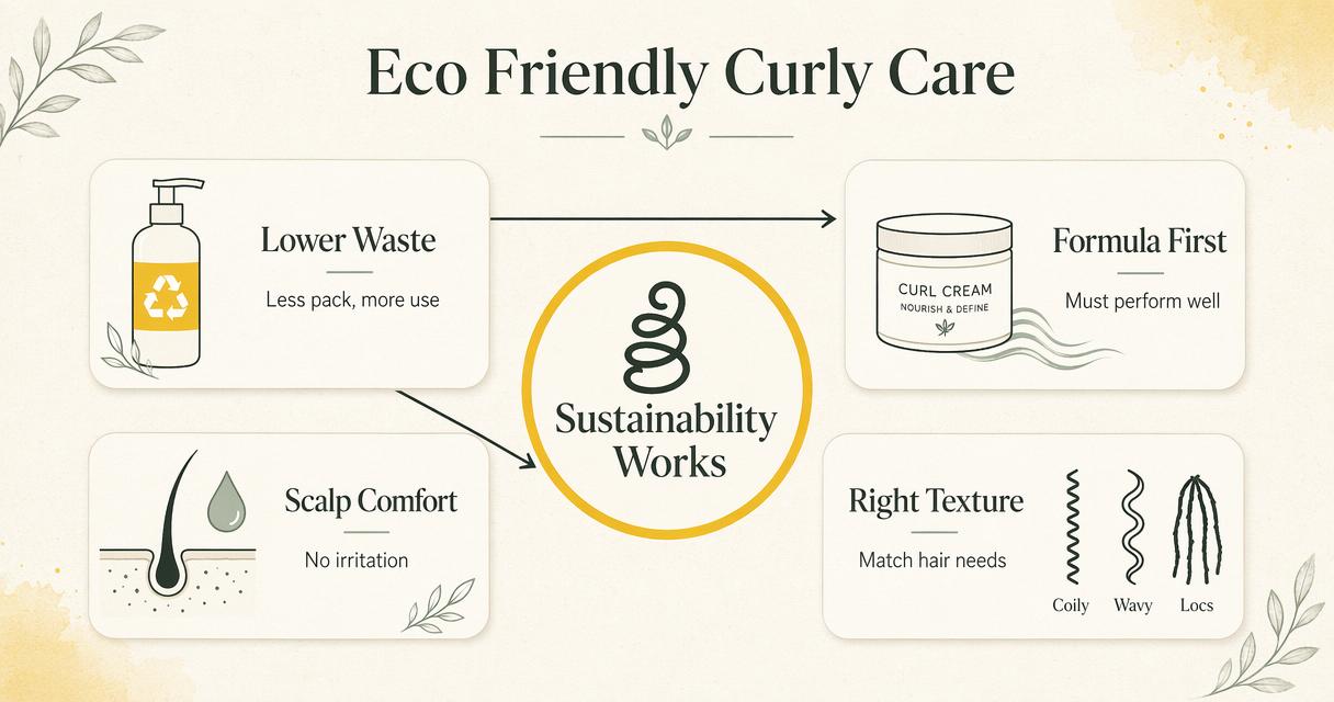 Editorial infographic showing what makes curly hair care genuinely eco friendly.