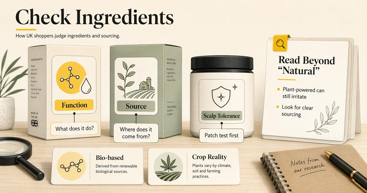 Annotated ingredient and sourcing diagram for UK curly hair shoppers.