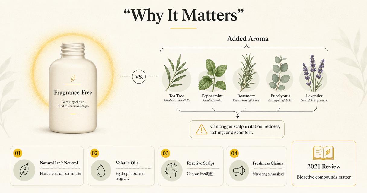 Editorial infographic explaining why essential-oil-free formulas matter for sensitive scalps.