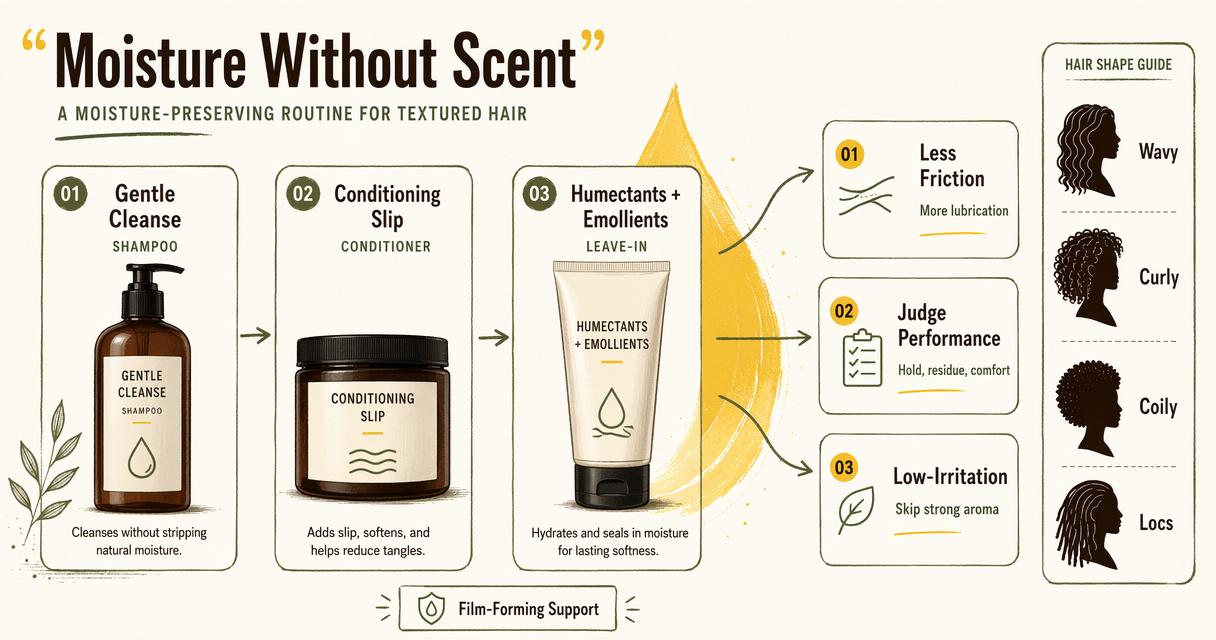 Infographic showing how textured hair can stay moisturized without fragrance.