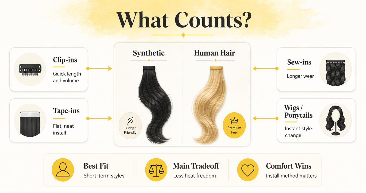 Editorial infographic comparing synthetic and human hair extension types and install options.