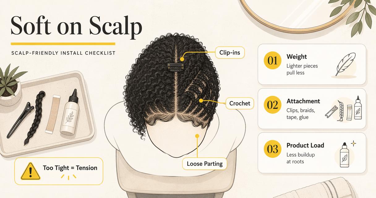 Annotated scalp-friendly checklist showing lightweight installs, attachment types, and buildup concerns.