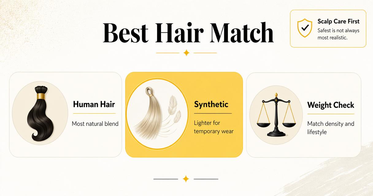 Infographic comparing human hair and synthetic loc extensions with a focus on safe matching.