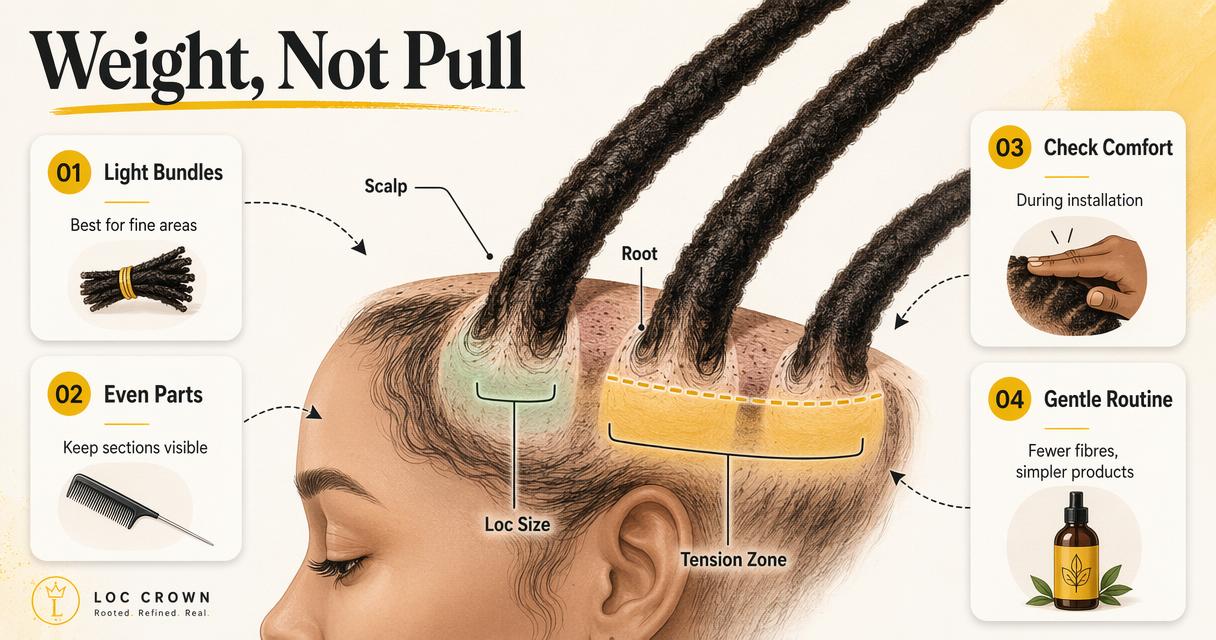 Annotated scalp diagram showing how to reduce pull, weight, and tension in loc extensions.