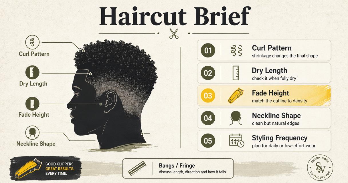 Infographic showing five key barber brief points for men’s textured haircuts.